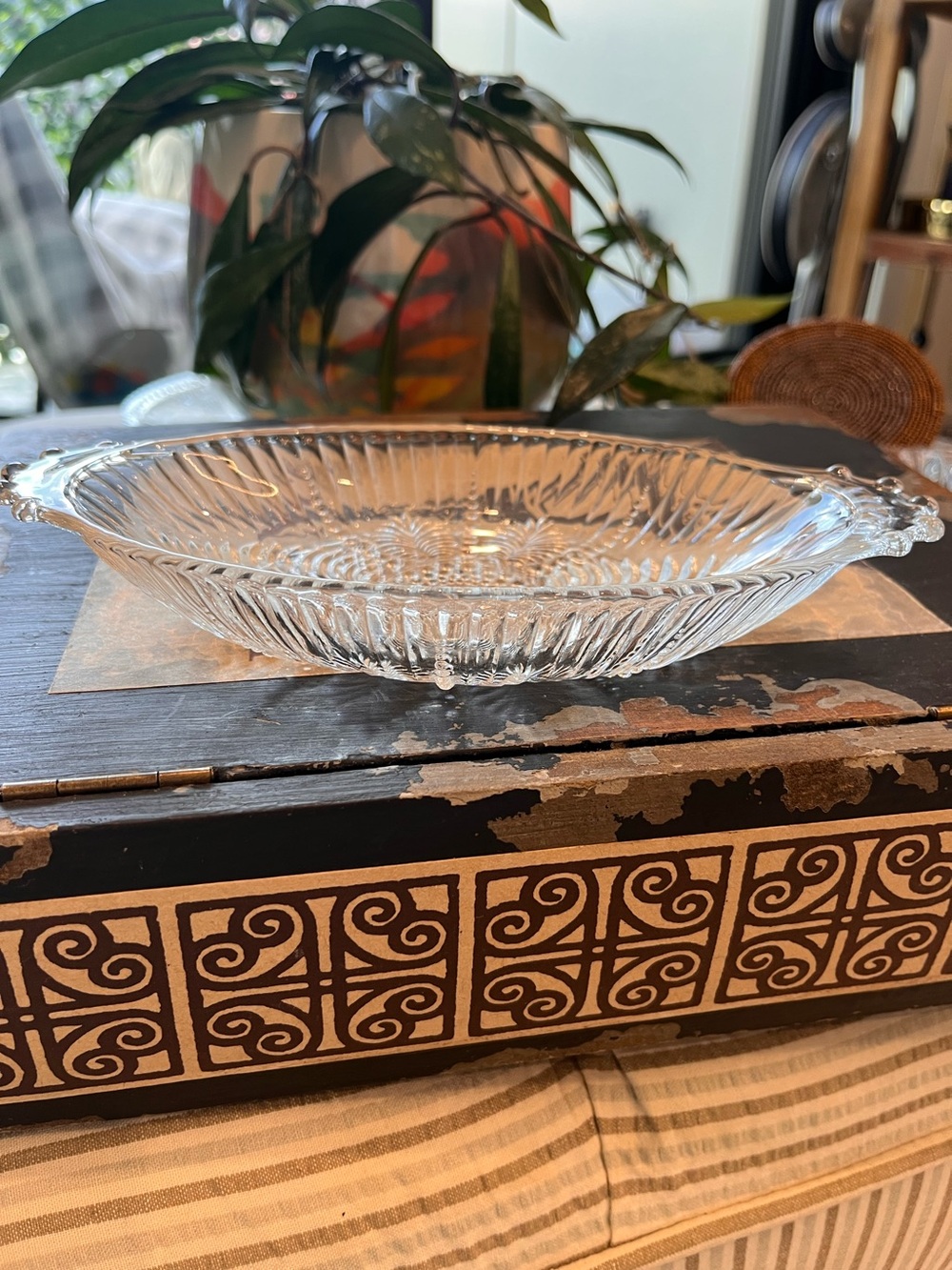 Vintage Oval Clear Pressed Glass Candy Dish with Scalloped Handles